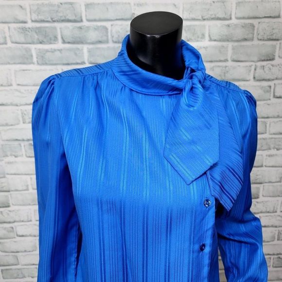 Vintage 70s Jonquil Womens Bright Blue Sheer Side Button Scarf Tie Collar Blouse - Picture 2 of 8